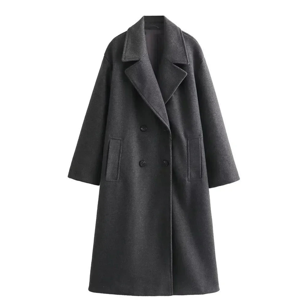 Damen langer Mantel einfarbig zweireihig Reverskragen Langarm gerade Passform elegant