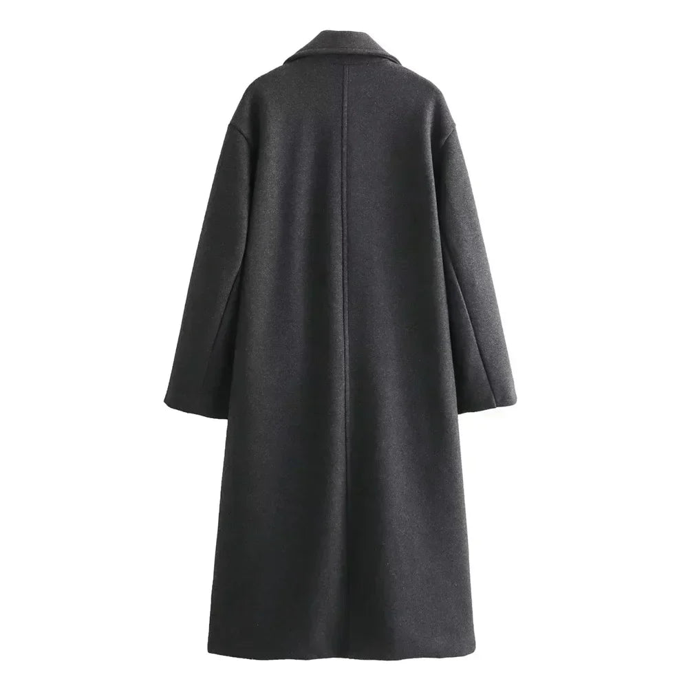 Damen langer Mantel einfarbig zweireihig Reverskragen Langarm gerade Passform elegant