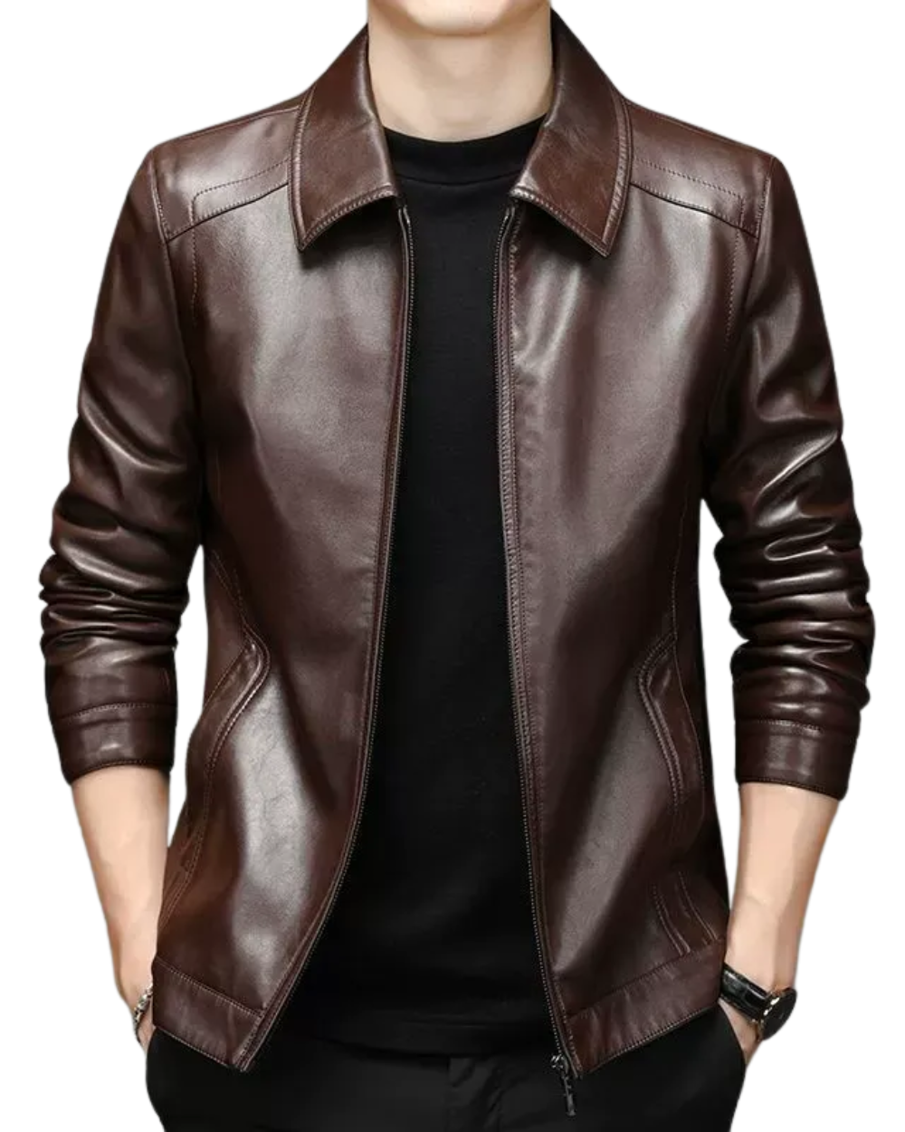 Herren Lederjacke einfarbig Klassisch Regular Fit Langarm Reißverschluss Freizeit Übergangsjacke