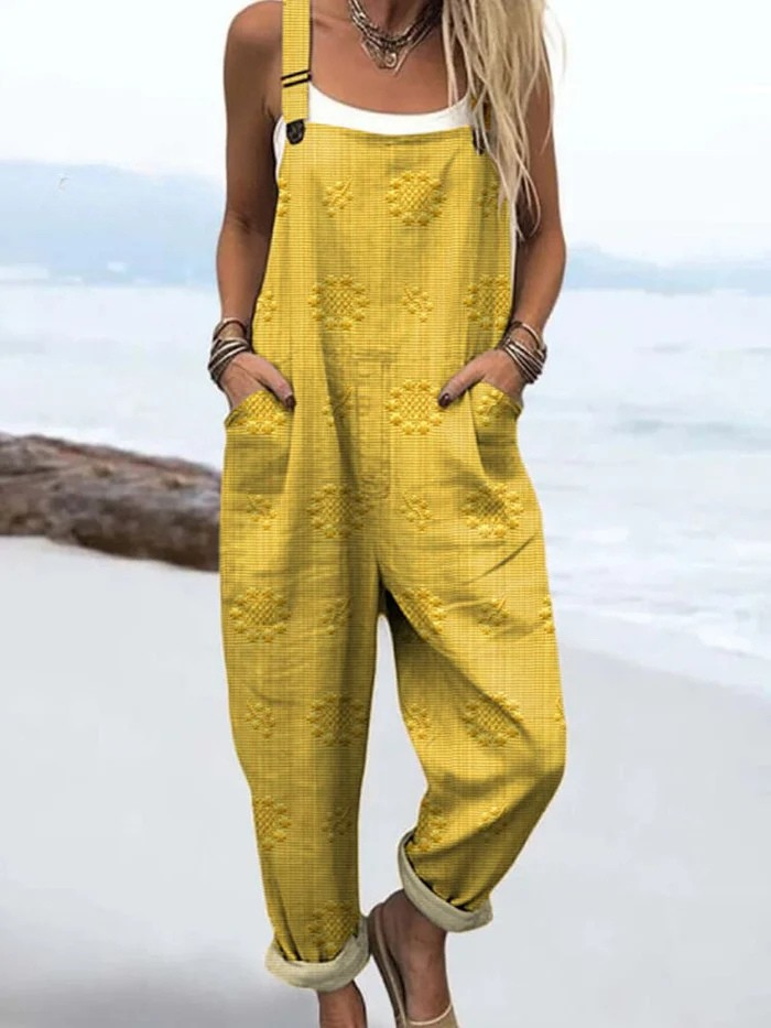 Damen Jumpsuit Vintage Blumenprint locker geschnitten ärmellos mit Taschen und verstellbarem Gürtel