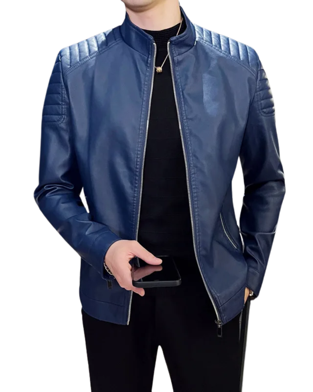 Herren Lederjacke einfarbig Slim Fit Reißverschluss Langarm Freizeit Bikerjacke