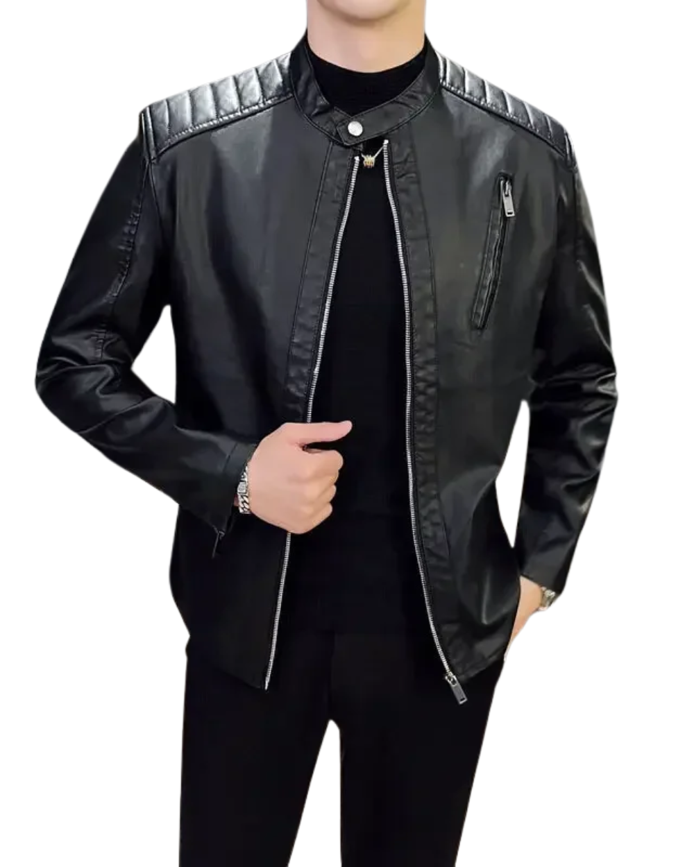 Herren Lederjacke Schwarz Slim Fit Elegant Klassisch Reißverschluss