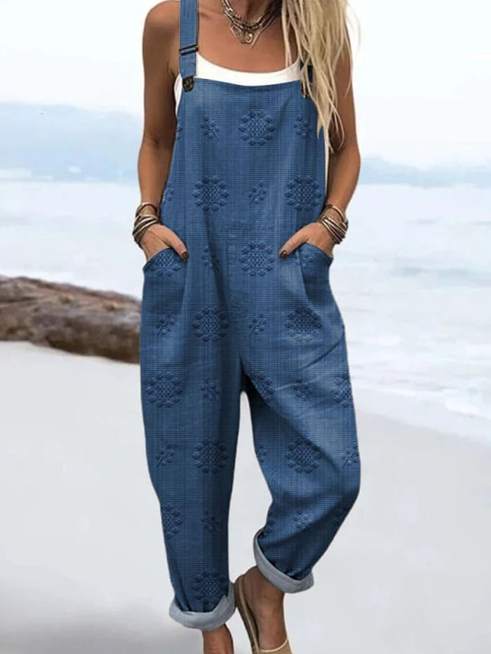 Damen Jumpsuit Vintage Blumenprint locker geschnitten ärmellos mit Taschen und verstellbarem Gürtel