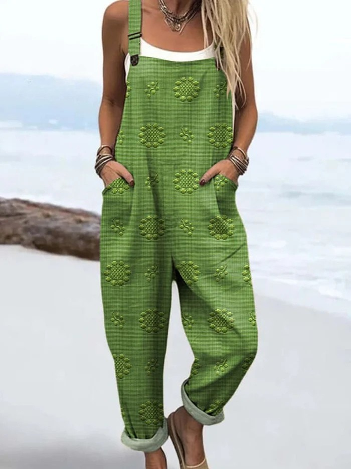 Damen Jumpsuit Vintage Blumenprint locker geschnitten ärmellos mit Taschen und verstellbarem Gürtel