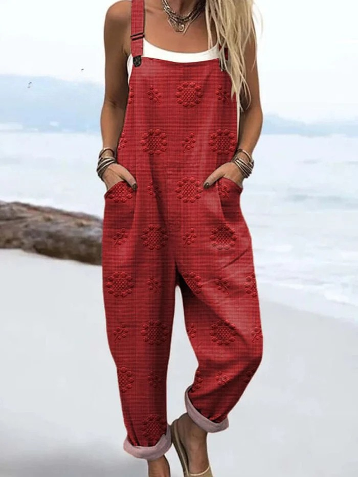 Damen Jumpsuit Vintage Blumenprint locker geschnitten ärmellos mit Taschen und verstellbarem Gürtel