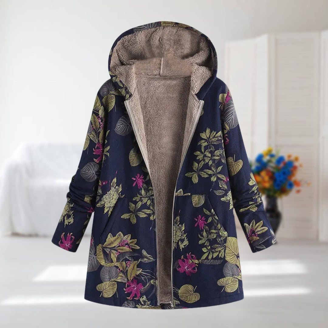 Damen Winterjacke Blumenmuster Kapuze Kunstfell Fleece Warm Leicht Regular Fit Mehrfarbig