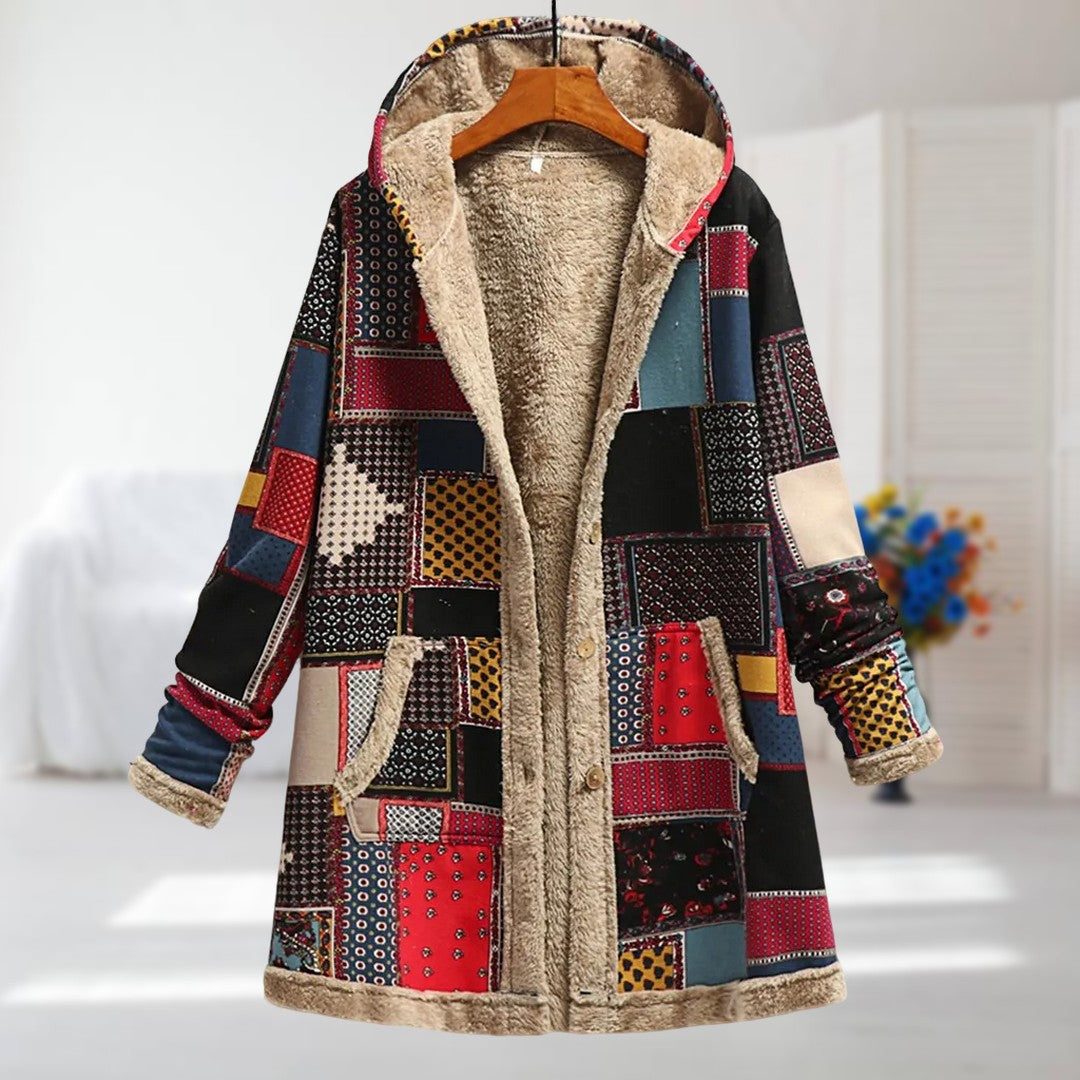 Damen Winterjacke Blumenmuster Kapuze Kunstfell Fleece Warm Leicht Regular Fit Mehrfarbig