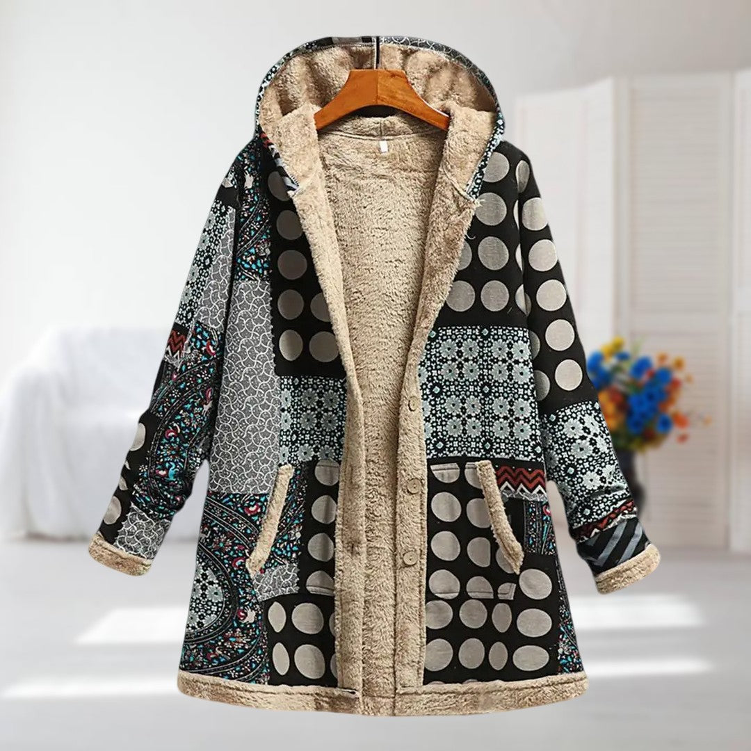 Damen Winterjacke Blumenmuster Kapuze Kunstfell Fleece Warm Leicht Regular Fit Mehrfarbig