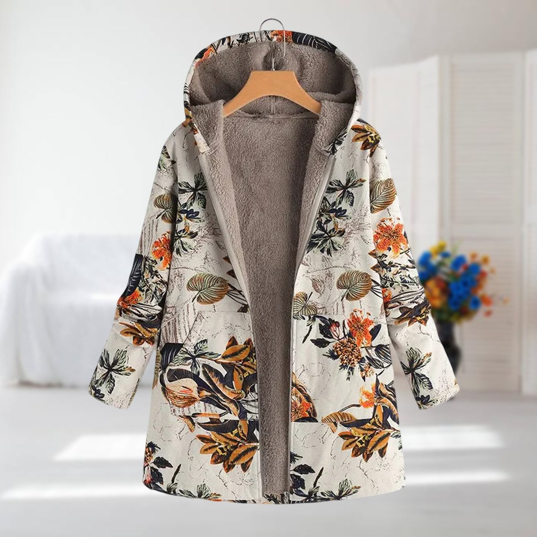 Damen Winterjacke Blumenmuster Kapuze Kunstfell Fleece Warm Leicht Regular Fit Mehrfarbig