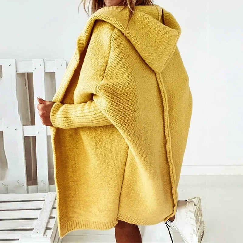Damen Cardigan Langarm Strick Oversized Kapuze Knielang Lockerer Schnitt Freizeit Homewear