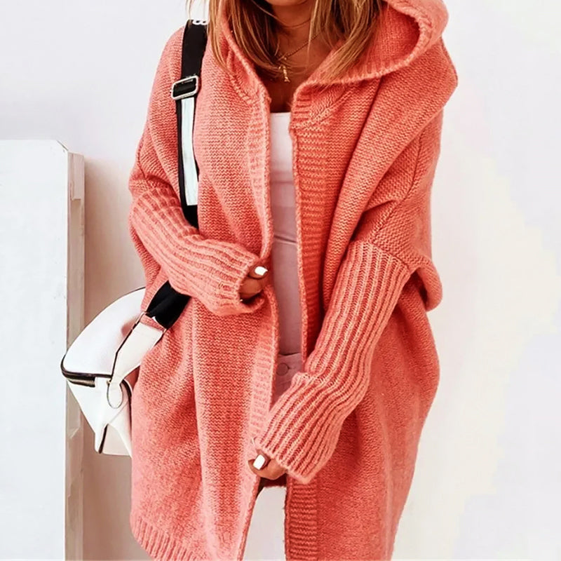 Damen Cardigan Langarm Strick Oversized Kapuze Knielang Lockerer Schnitt Freizeit Homewear