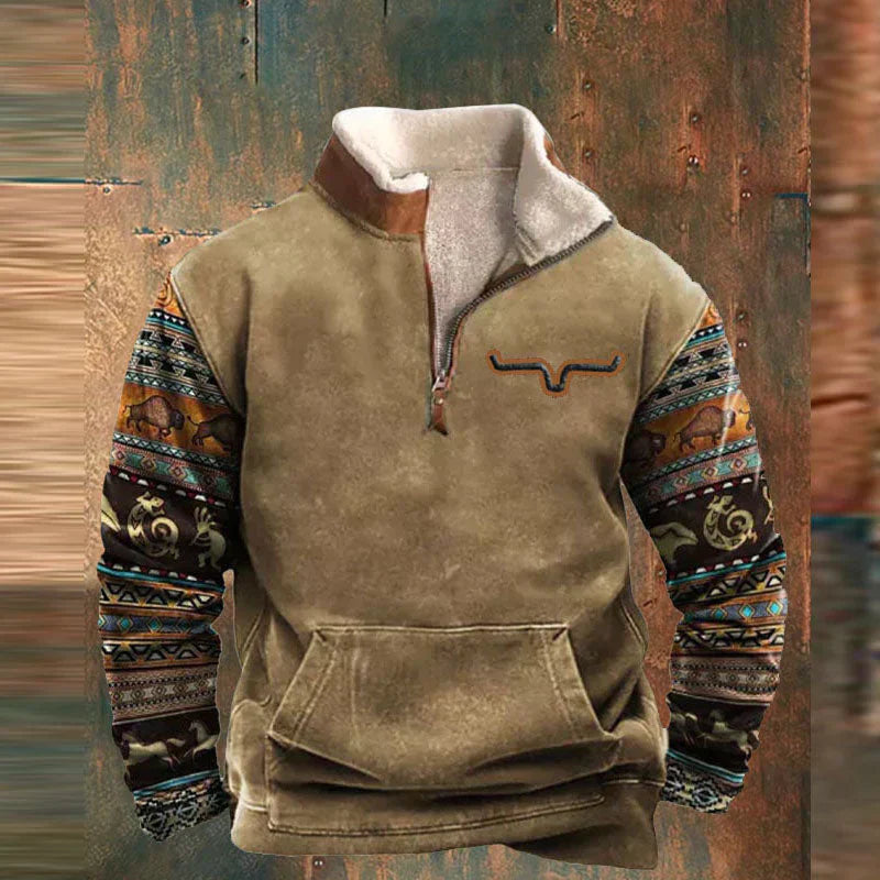 Herrenpullover halber Reißverschluss Patchwork Ärmel Fleecegefüttert, bequem und warm