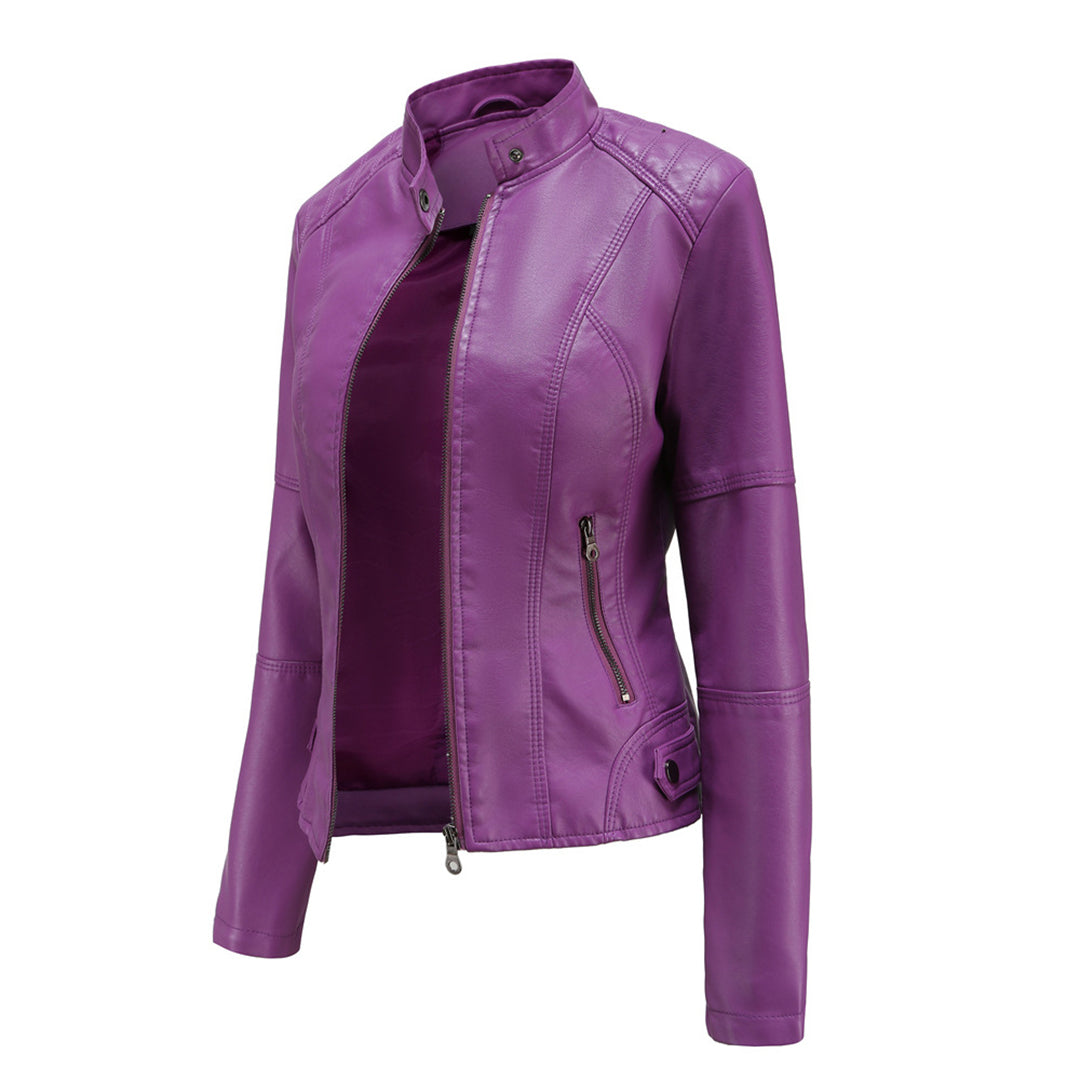Damen Lederjacke Regular Fit Kunstleder Elegant Zeitlos Alltag Freizeit Übergang Hochkragen Reißverschluss