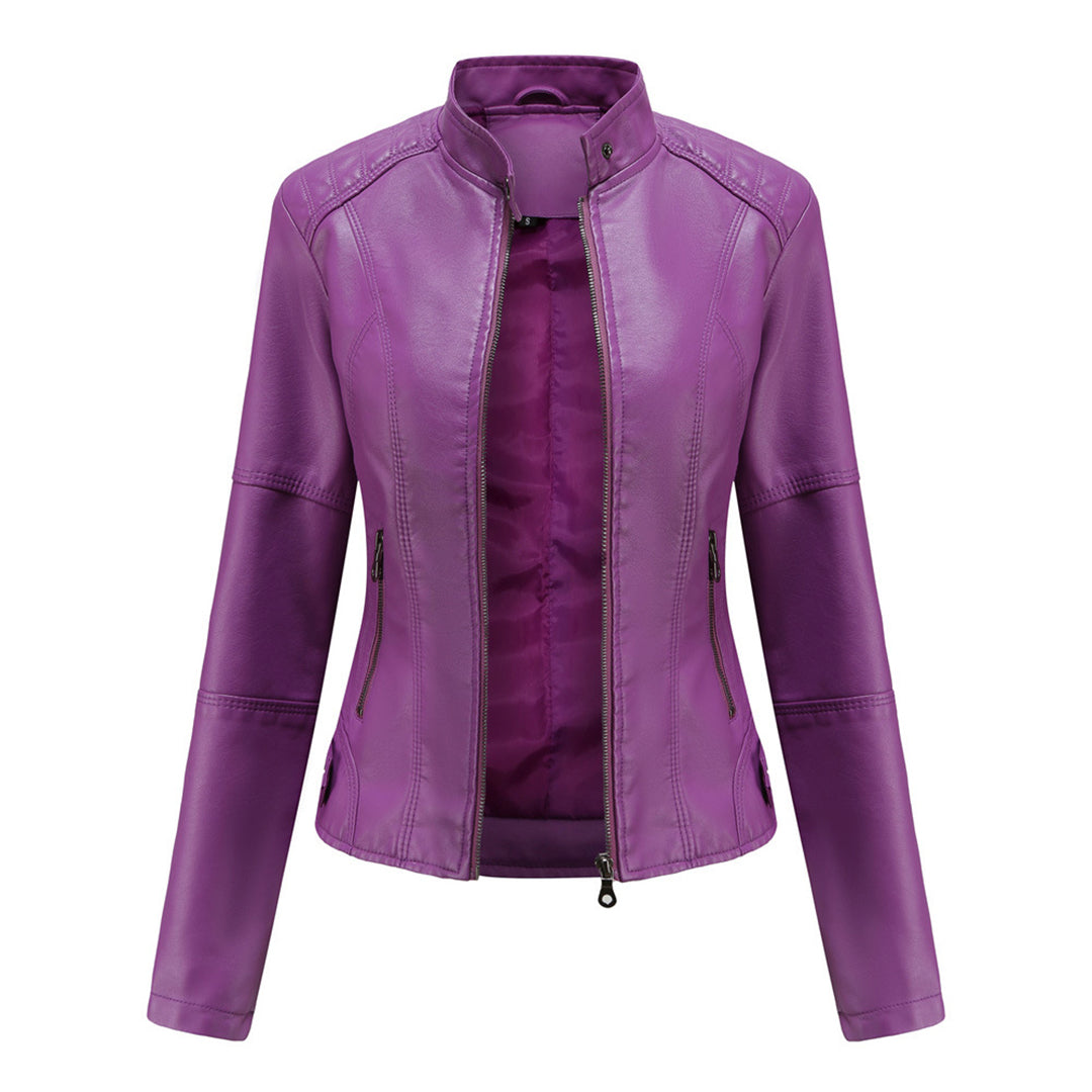 Damen Lederjacke Regular Fit Kunstleder Elegant Zeitlos Alltag Freizeit Übergang Hochkragen Reißverschluss