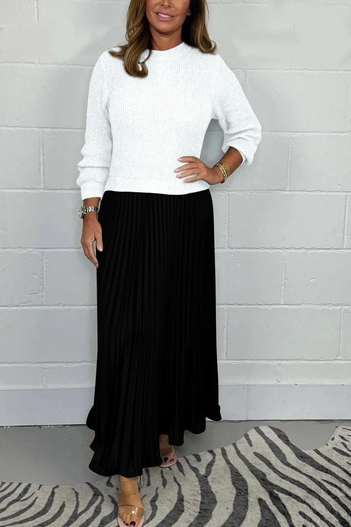 Damen Maxikleid langarm Plissee Rock kombinierter Look figurbetont fließend für Alltag und Büro