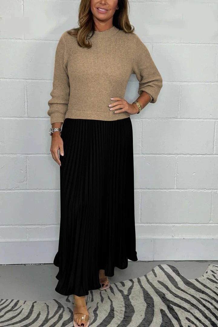 Damen Maxikleid langarm Plissee Rock kombinierter Look figurbetont fließend für Alltag und Büro