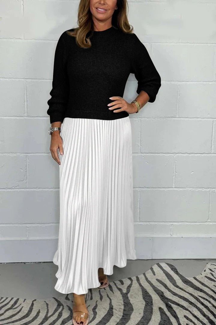 Damen Maxikleid langarm Plissee Rock kombinierter Look figurbetont fließend für Alltag und Büro