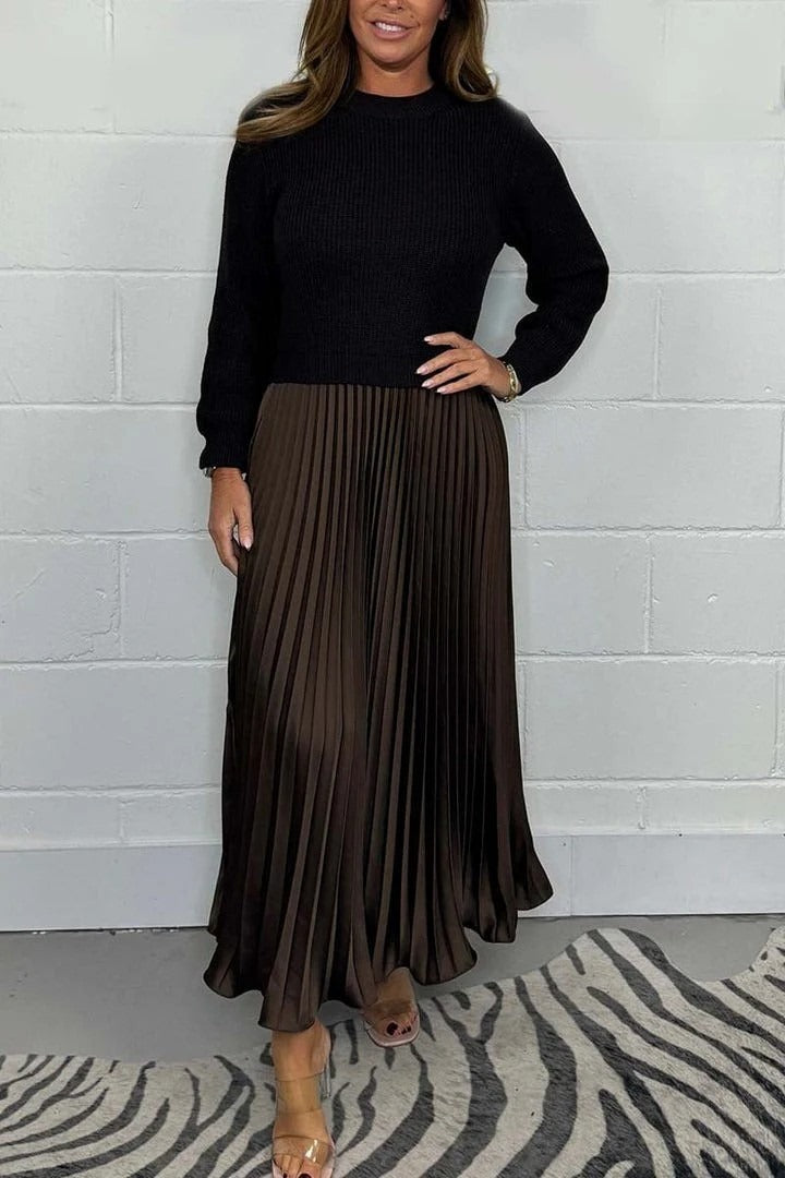 Damen Maxikleid langarm Plissee Rock kombinierter Look figurbetont fließend für Alltag und Büro