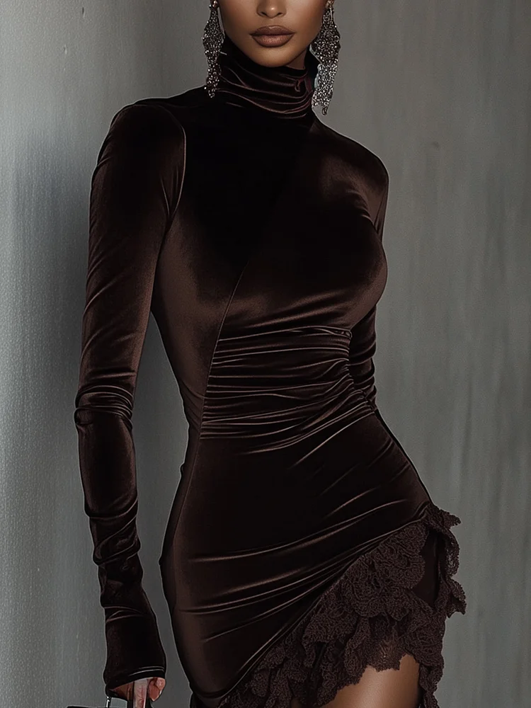Damen Samtkleid Langarm Stehkragen Spitze tailliert asymmetrisch elegant