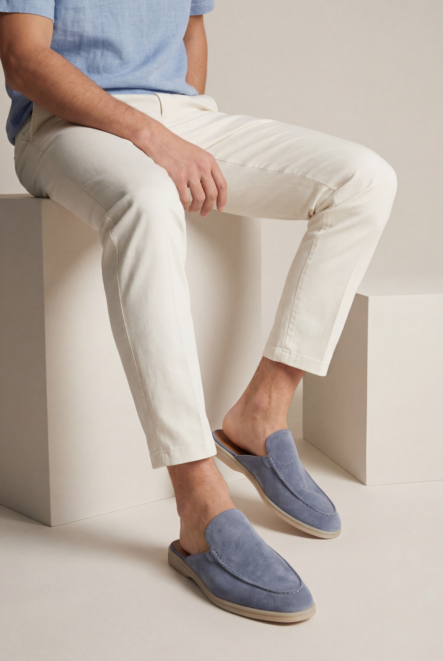 Herren Veloursleder Mule babyblau offen atmungsaktiv mit gepolstertem Komfort