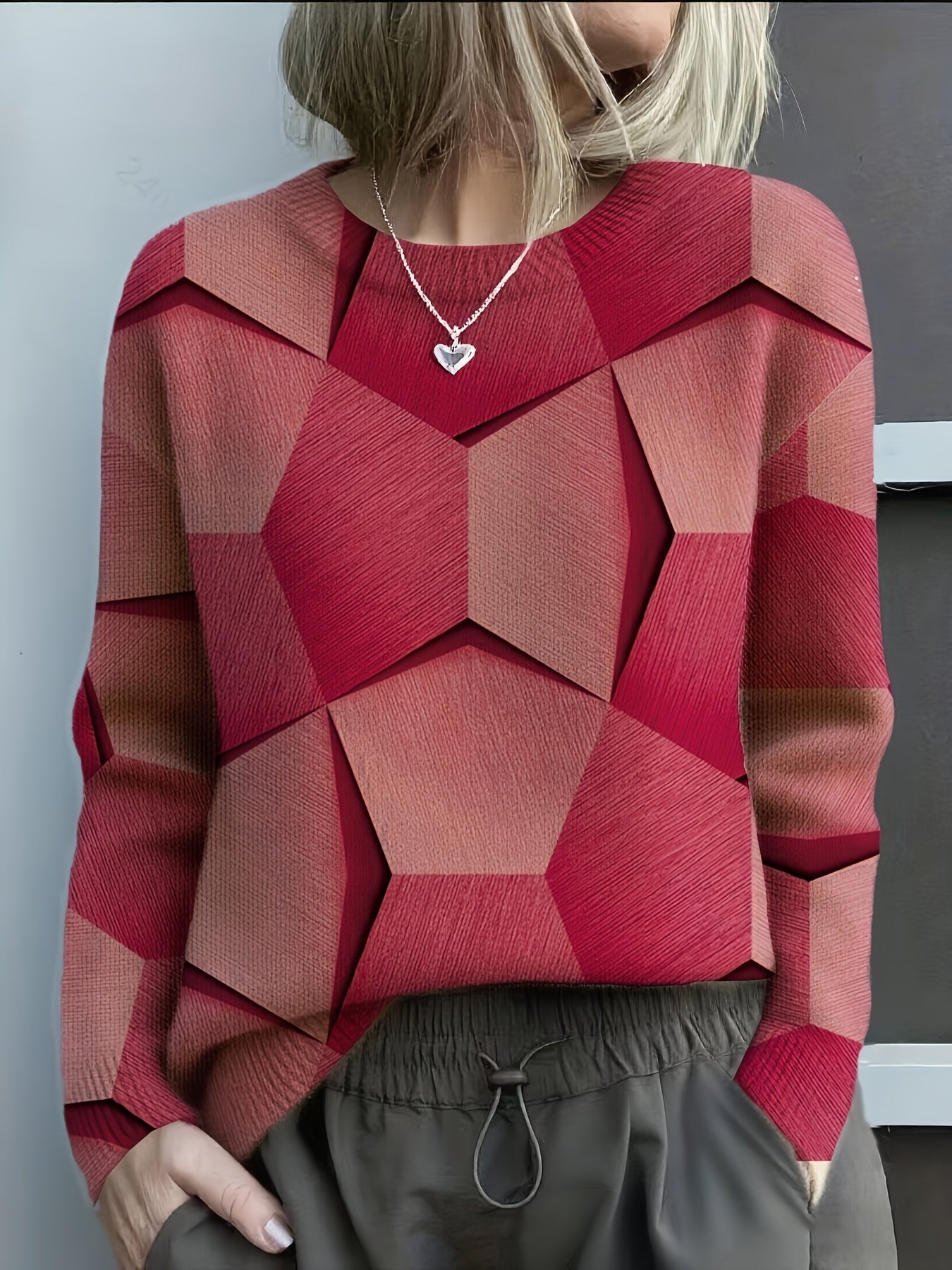 Damen Sweatshirt geometrisches Muster locker geschnitten bequem warm langarm
