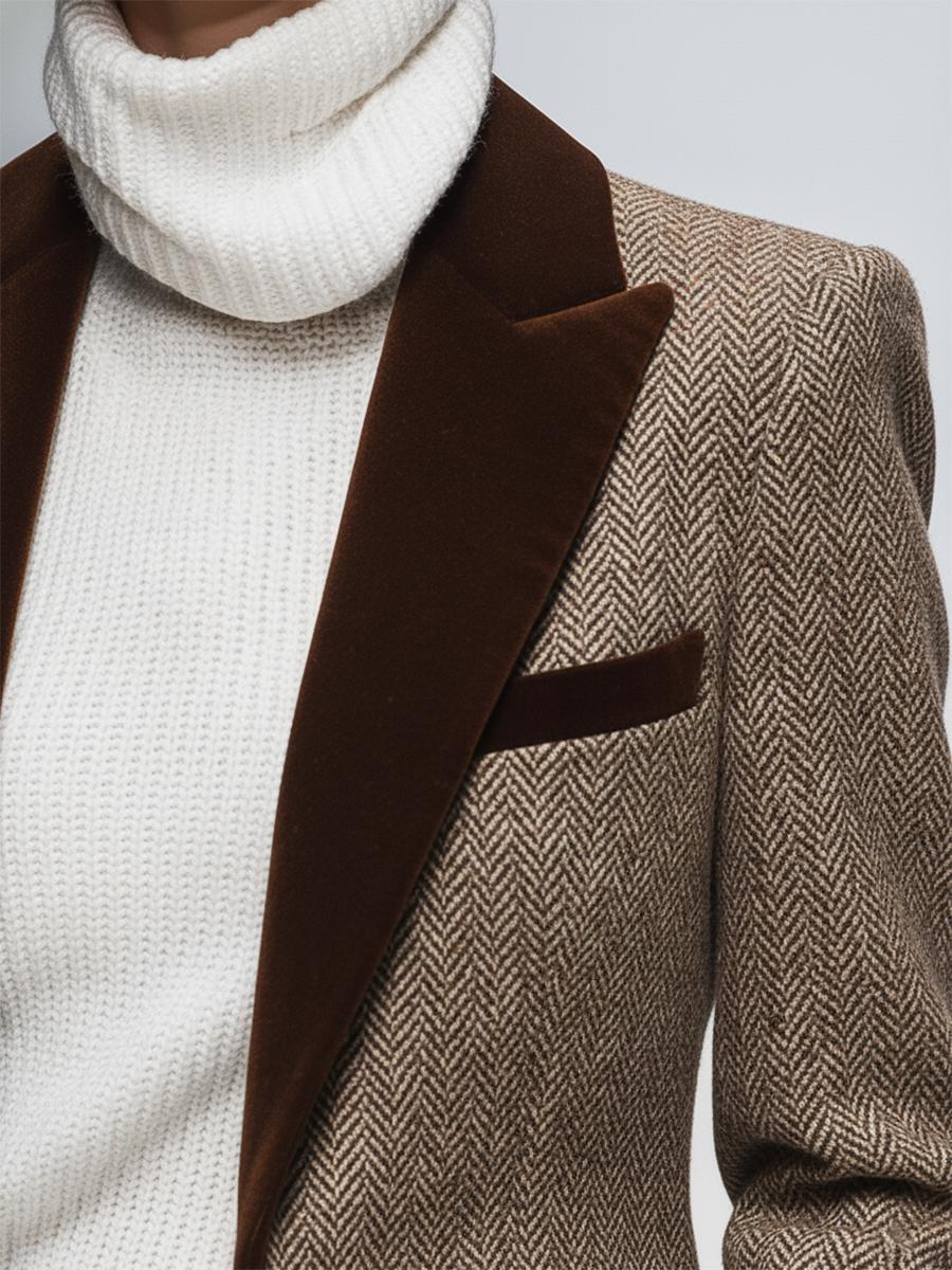 Herren Blazer Braun Fischgrät Ein-Knopf Regular Fit Elegant Langarm Revers
