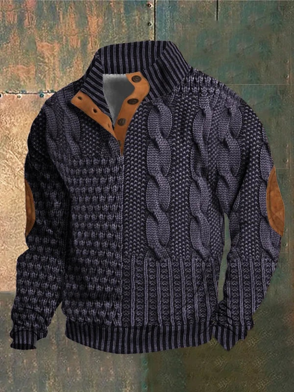 Herren Pullover Patchwork Zopfmuster, Knopfkragen, lange Ärmel, bequeme Passform