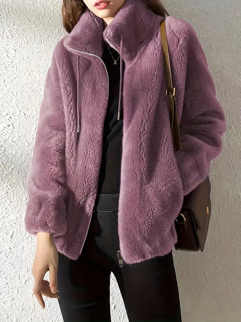 Damen Fleecejacke Warm Stehkragen Kordelzug Regular Fit Weich Freizeit Übergang