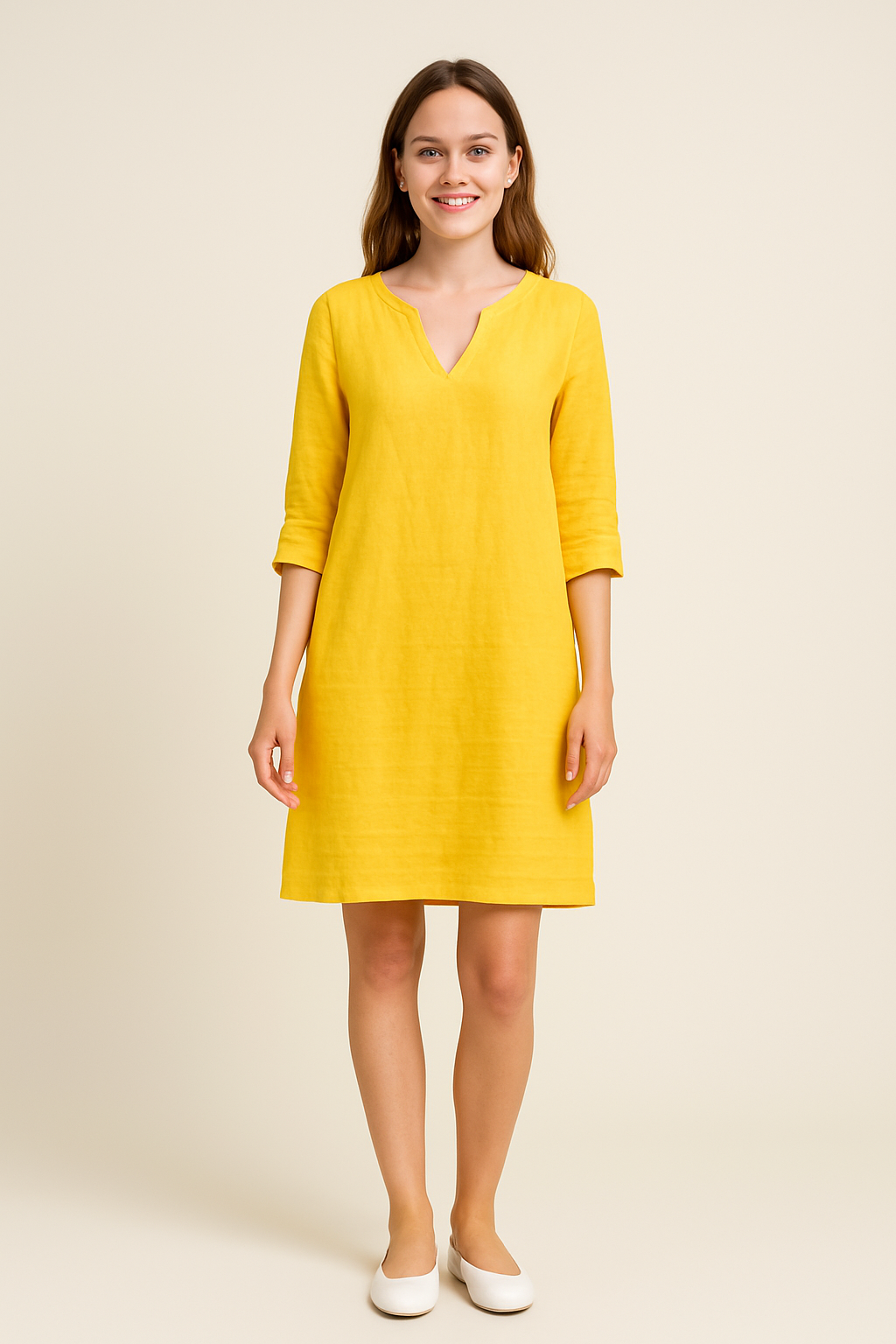 WILHELM | Damen Festliches Sommerkleid im Leinenstil mit V-Ausschnitt