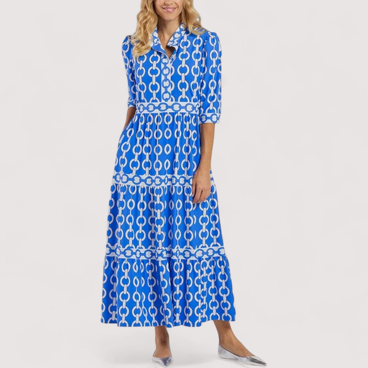 Damen Midikleid Hemdkragen Knopfleiste 3/4 Ärmel tailliert Stufenrock elegant