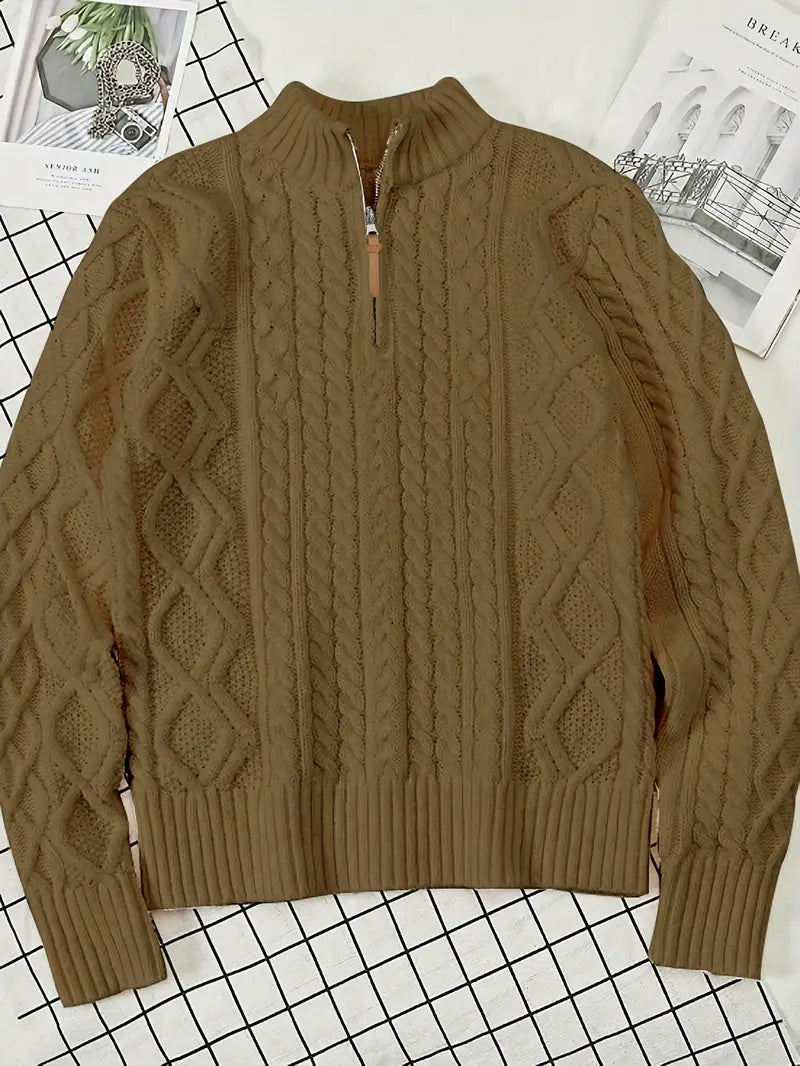 Herren Strickpullover, halber Reißverschluss Kragen Zopfmuster Stehkragen elastisch bequem
