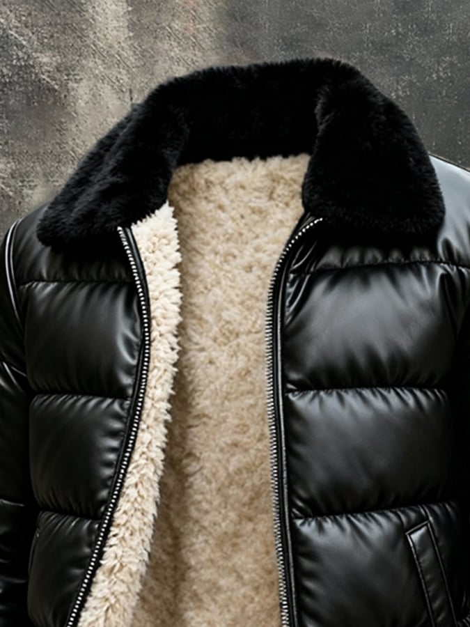 Herren Winterjacke gepolstert Kunstleder hoher Kragen warm winddicht elastische Bündchen