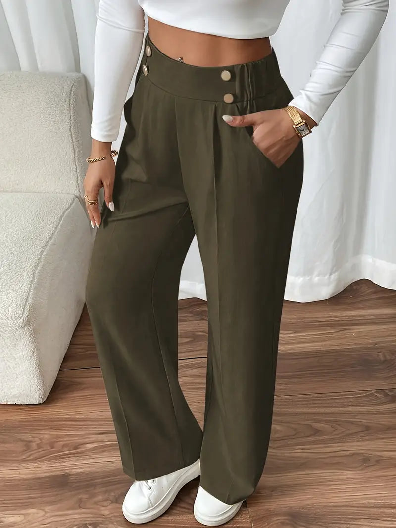Damen Hose Regular Fit Weites Bein Elastischer Bund Seitentaschen Casual Elegant Alltag Büro
