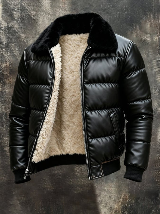 Herren Winterjacke gepolstert Kunstleder hoher Kragen warm winddicht elastische Bündchen