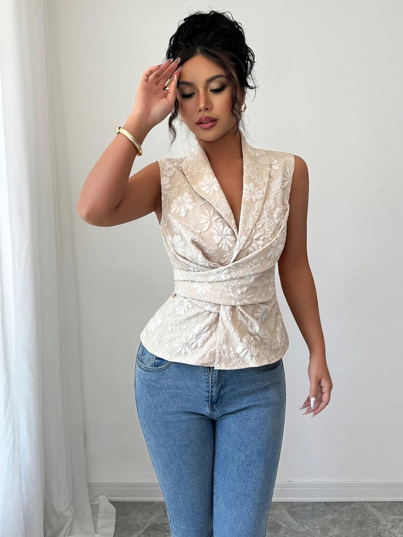 Damen Top ärmellos Polyester Blumenmuster Rüschen leicht fließend Sommer