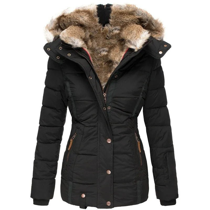 Damen Winterparka Regular Fit Warm Gefüttert Kapuze Kunstfellbesatz Tailliert Alltag Freizeit Winter