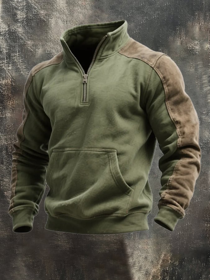 Herrenpullover Reißverschluss olivgrün Kordelverstärkte Schultern warm bequem