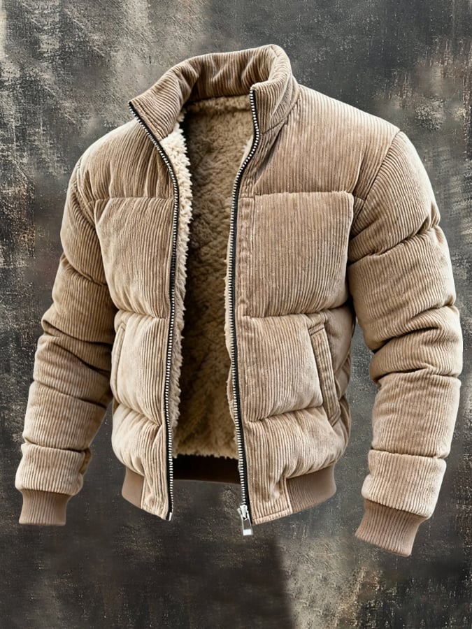 Herren Cordjacke Regular Fit Retro Stil Einfarbig Langarm Knopfleiste Taschen Casual Alltag
