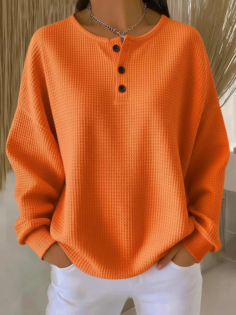 Damen Pullover Waffelstrick Langarm lose warme bequeme Passform