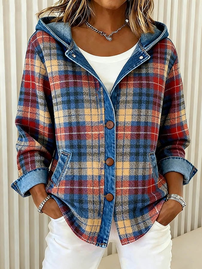 Unisex Karojacke Kapuze Knopfverschluss Karomuster Lässige Layering-Jacke
