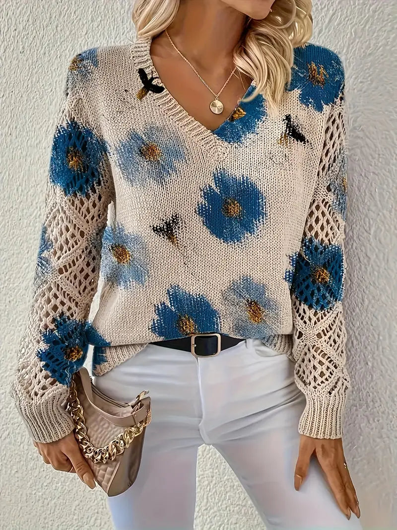 Damen Strickjacke Blumenmuster V-Ausschnitt Regular Fit Leicht Mittelschwer Häkeloptik Freizeit