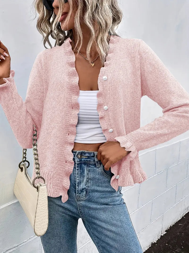 Damen Strickjacke Langarm Tailliert Knopfleiste Rüschen Regular Fit Elegant Freizeit Cardigan