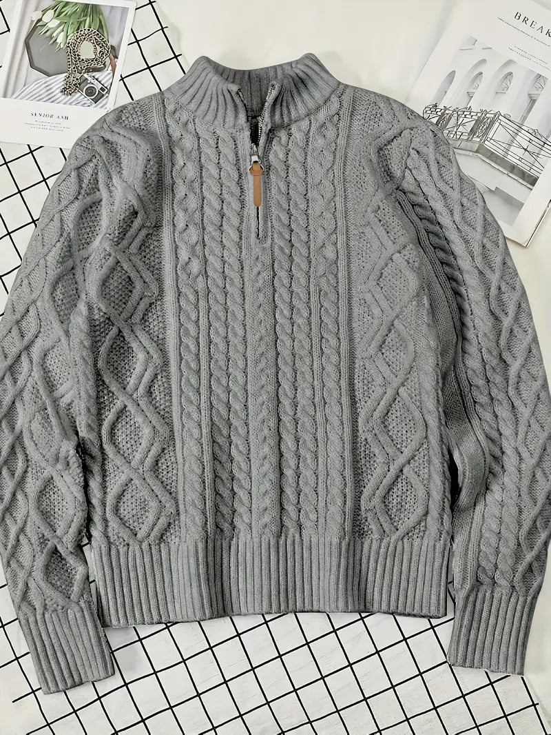 Herren Strickpullover, halber Reißverschluss Kragen Zopfmuster Stehkragen elastisch bequem