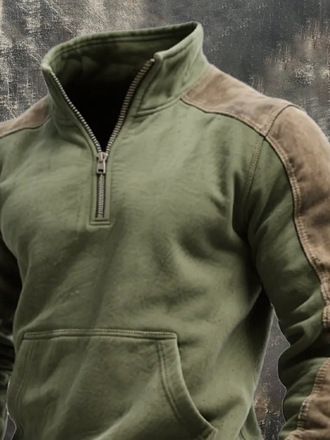 Herren Pullover olivgrün Reißverschluss verstärkte Schultern warme Tasche Vintage Stil