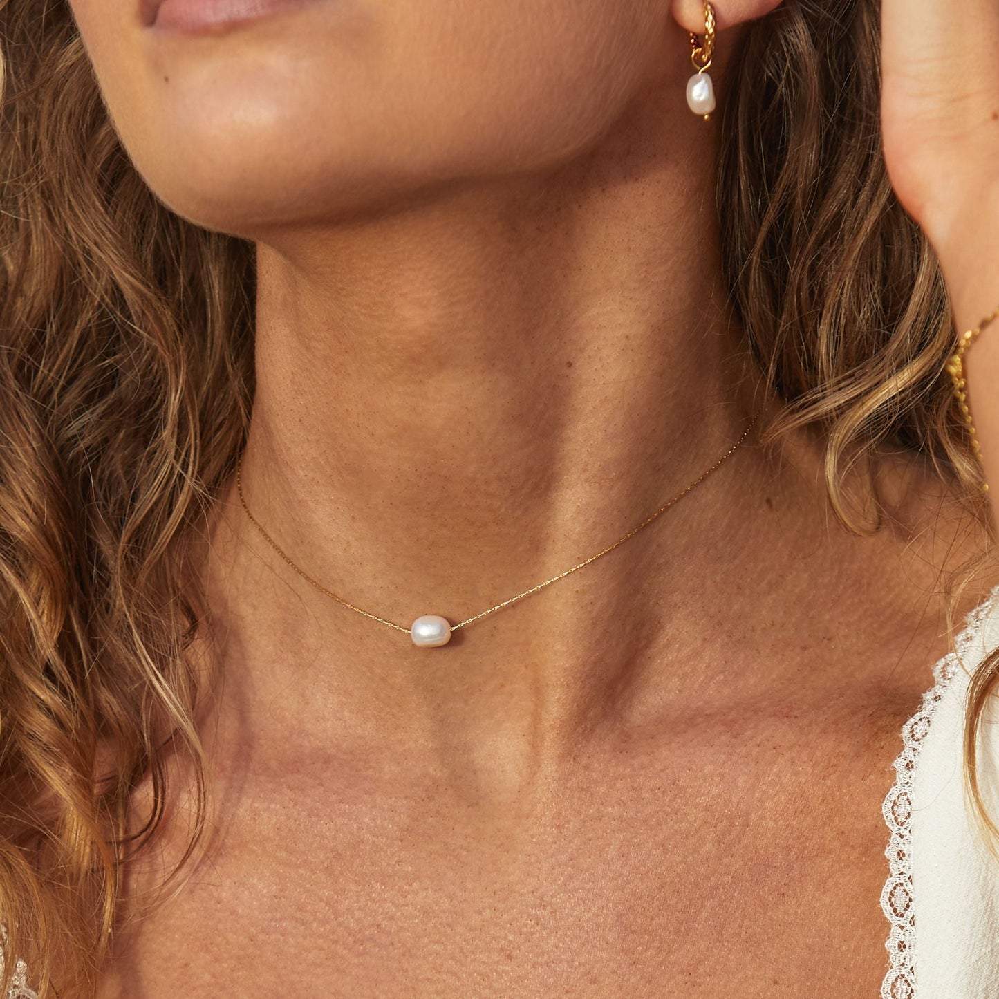 Damen Perlen Choker Gold mit echten Süßwasser-Barockperlen, verstellbar, wasserfest, hypoallergen, Halskette