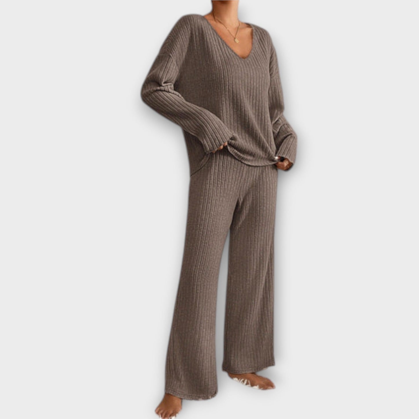 Damen Zweiteiler Regular Fit Geripptes Oberteil mit V-Ausschnitt Hose Elastischer Bund Casual Lounge Set 2-teilig
