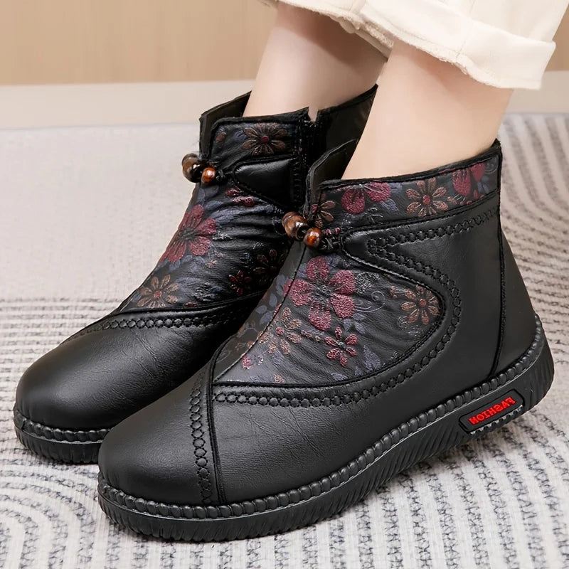Damen Stiefeletten Lederoptik Blumen Reißverschluss gefüttert rutschfest bequem
