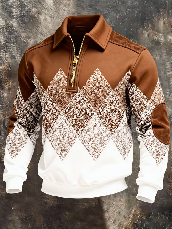 Herren Sweatshirt halber Reißverschluss Chevron Muster Langarm bequem