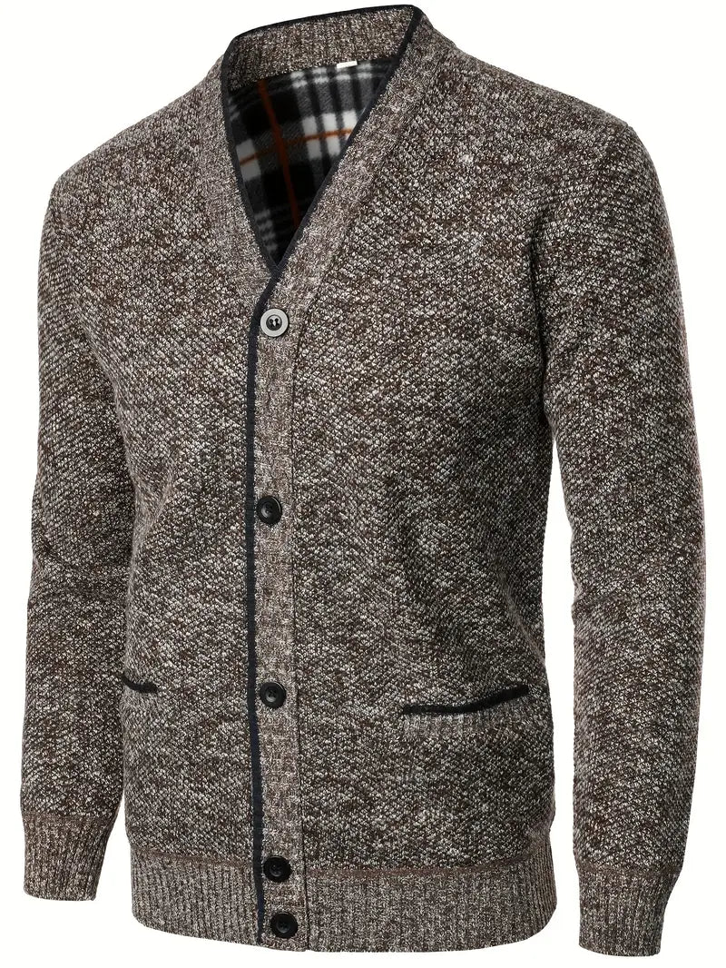 Herren Strickpullover Knopfleiste Taschen Langarm gefütterter Innenraum bequem