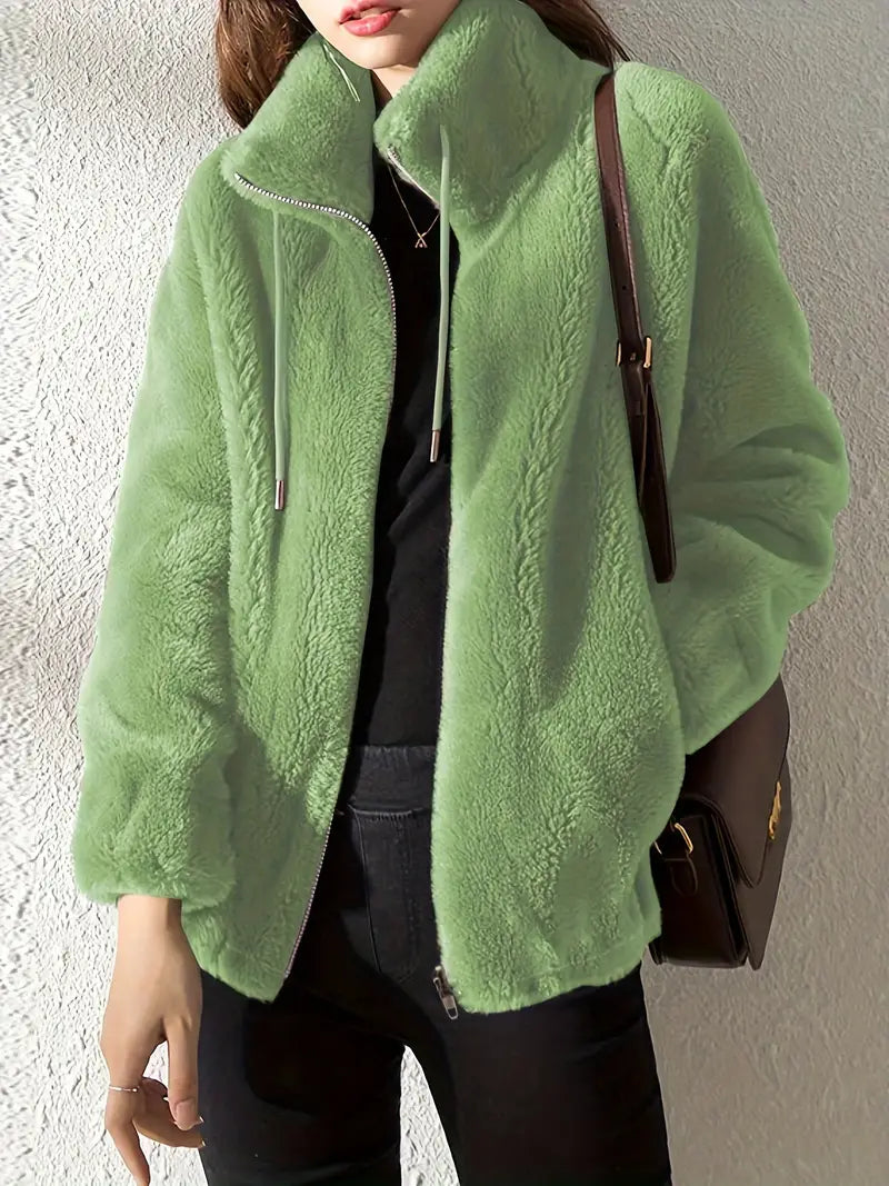 Damen Fleecejacke Warm Stehkragen Kordelzug Regular Fit Weich Freizeit Übergang